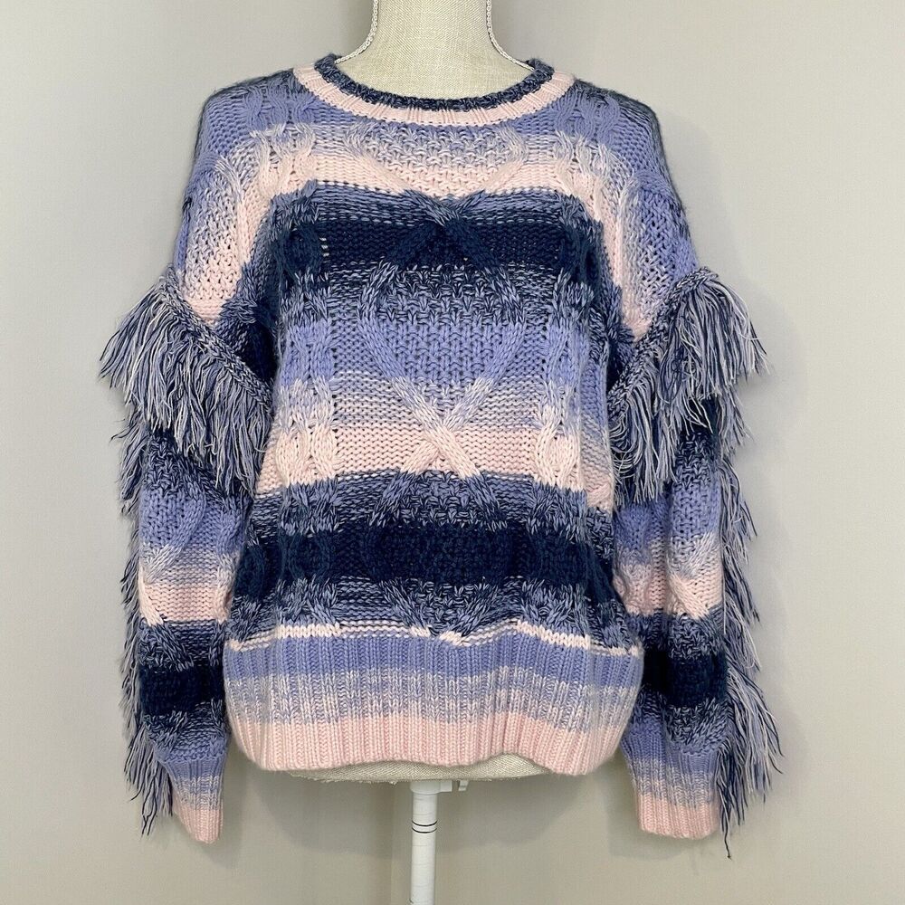 THML Boho Fringe Striped Knitted Sweater Long Sleeve Women's Size Medium